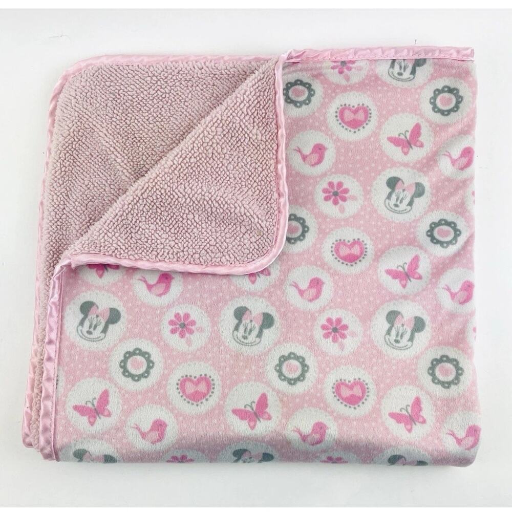 Disney Baby Minnie Mouse Pink Sherpa Style Blanket Bird Butterfly Flower Heart